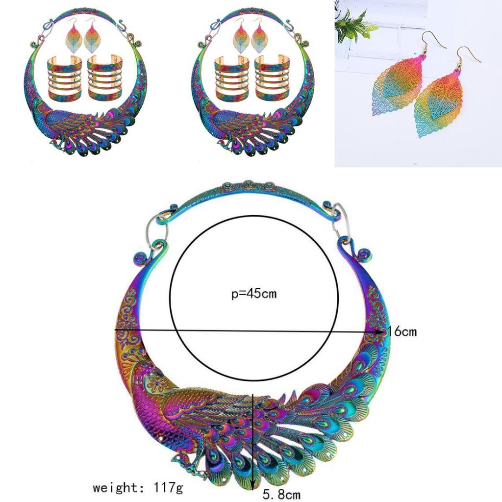 Colorful Necklace Earrings Bracelet Three Piece Set With Peacock Shaped Designss For Gift And Party