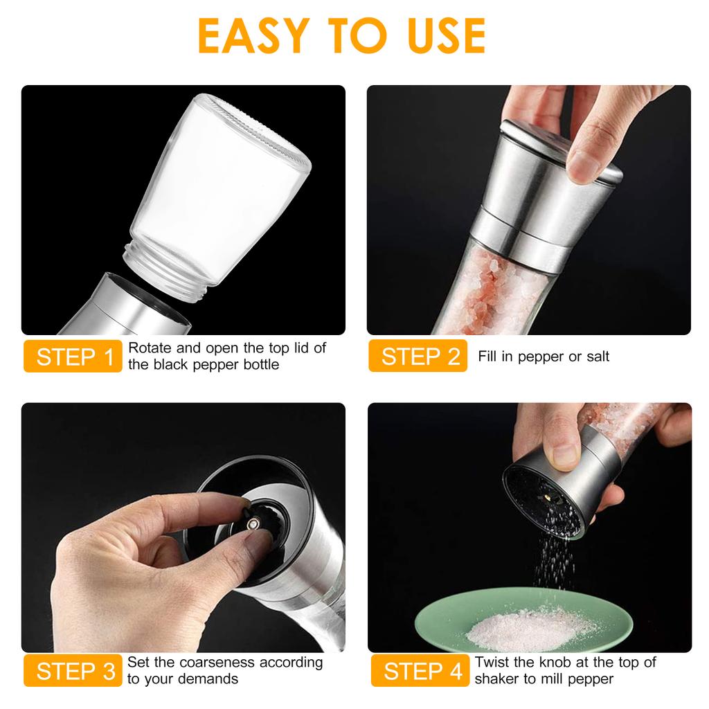 Salt and Pepper Grinder Refillable Coarseness 304 Stainless Steel Salt and Pepper Mill Shakers With Lid Seasoning Jar Holder Container