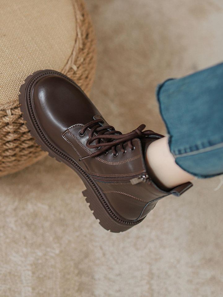 Martin boots women's British style 2025 new autumn and winter velvet popular locomotive single boots brown coffee thick-soled foreign gas short boots