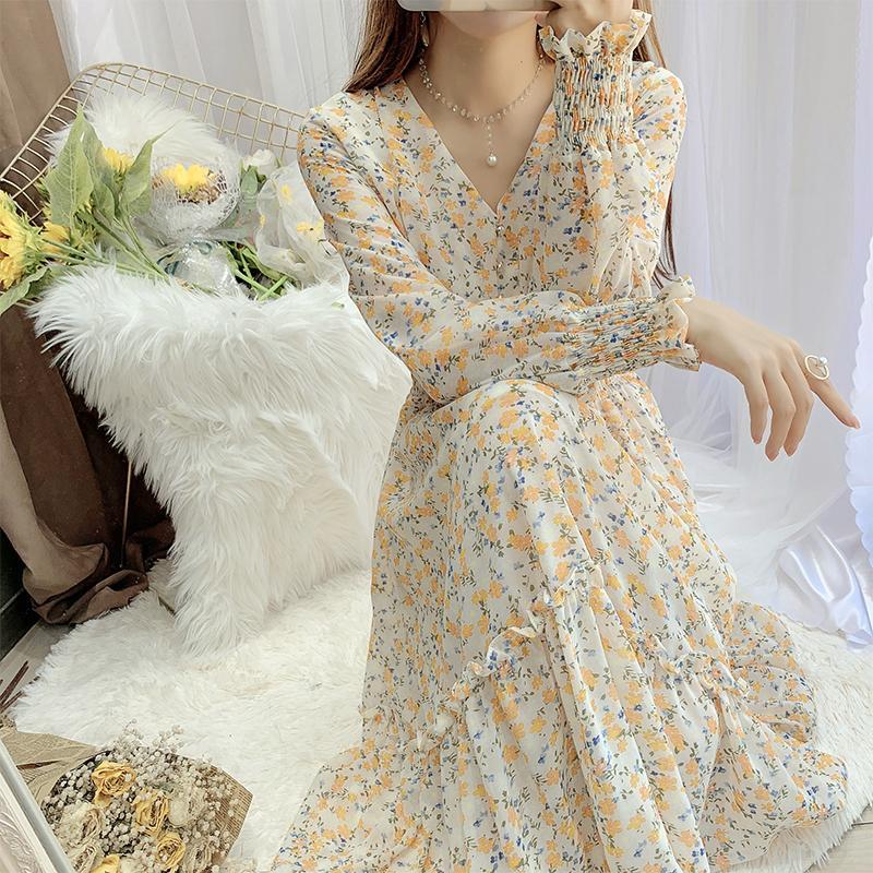 Dresses Layers Two Autumn Spring Fashion Female Printed Floral Long Sleeve Vneck Aline Casual Dress Women Chiffon Dresses With Lining