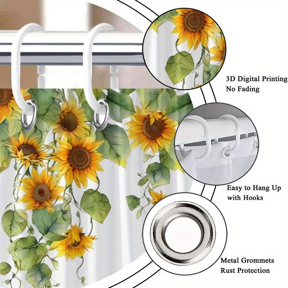 1 Piece Of Bright Sunflower Plant Shower Curtain, Polyester Fabric, Machine Washable, Suitable For Bathroom Decoration