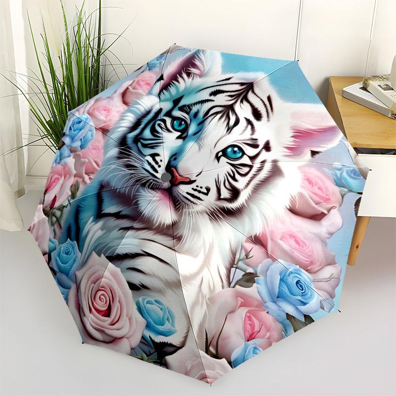 

1pc White Tiger Roses Umbrella Portable Home Essential Umbrella Folding Umbrella Durable Iron Frame yy251128005