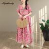 Prairie Chic Plus Size Summer Women Vintage Dress O Neck Pink Floral Print Oversized Gown Retro Short Sleeve Cotton Baggy Dress
