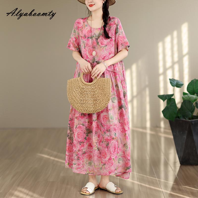 Prairie Chic Plus Size Summer Women Vintage Dress O Neck Pink Floral Print Oversized Gown Retro Short Sleeve Cotton Baggy Dress