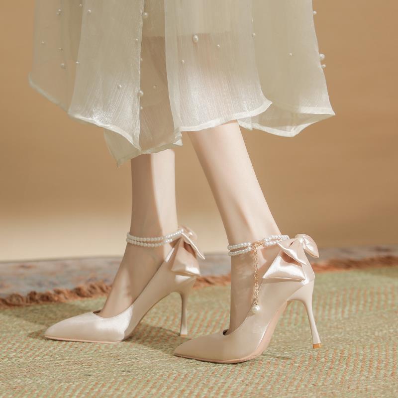 French elegant white high heels women's stiletto wedding shoes with skirt satin wedding shoes bow spring and autumn pointed shoes