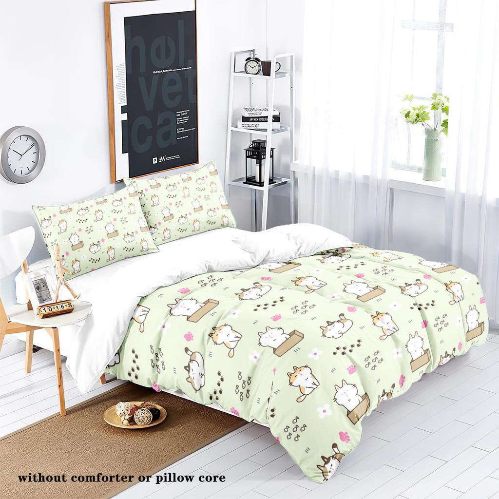 3-piece down duvet cover with green cartoon cat pattern print (1 down duvet cover+2 pillowcases, no core) Soft bedding set