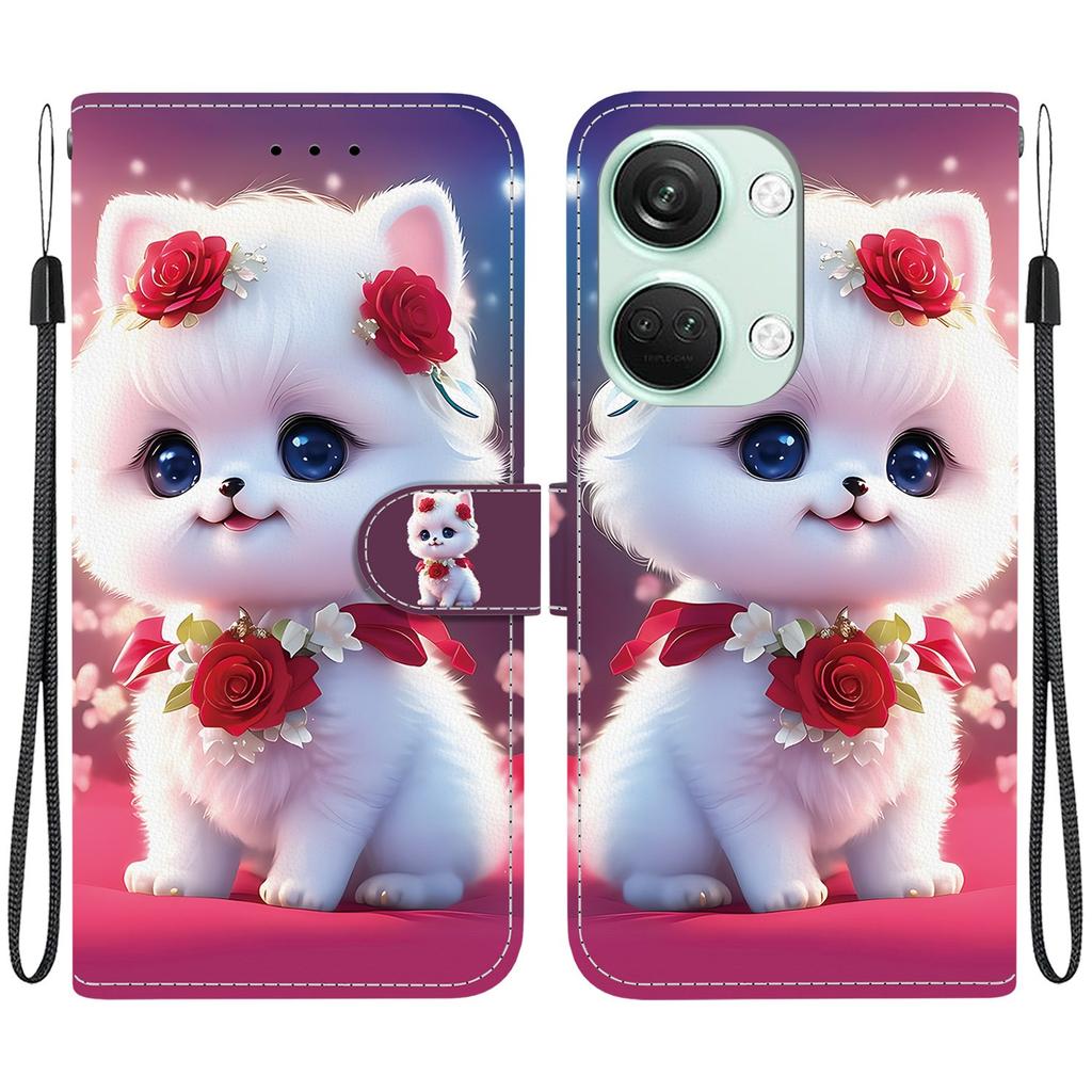 Handmade PU Leather Flip Case for OnePlus Nord 3 / OnePlus Ace 2V Anti-Slip Shockproof Cover with Wrist Strap & Heart/Rose Cat Designs