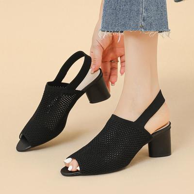 Große Frühlings-Flyknit-Fischmaul-Einzelschuhe für Damen in großer Größe mit hohem Absatz, lässiger Frühlings-Grobabsatz, ausgehöhlte, einfarbige Stricksandalen, Schuhe 34-43