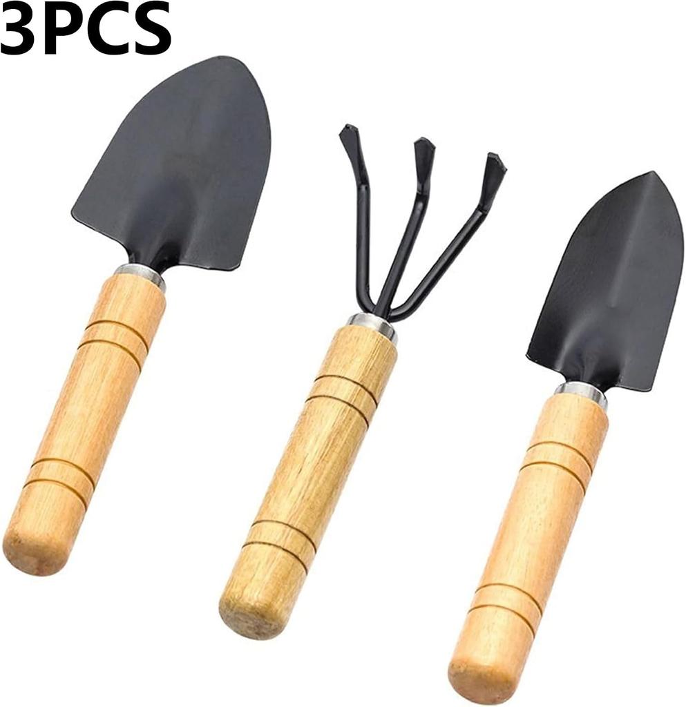 3PCS Mini Gardening Tool Set - Wooden Handle Garden Tools with Trowel, Transplanter & Cultivator Rake, Perfect for Planting, Transplanting & Small