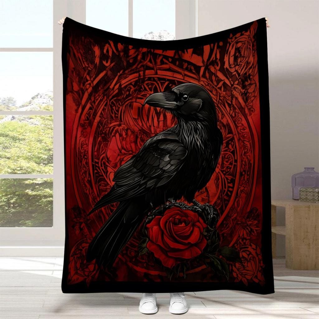 1pc Red Purple Gothic Blanket Crow  Bats Print Skin-Friendly Soft Blanket 2025 New for Gift Halloween Home Sofa Chair Decoration