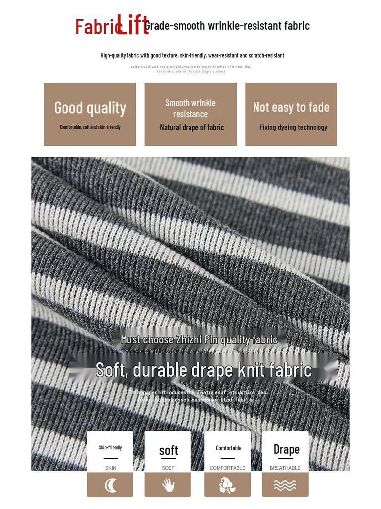 Women's Retro Grey Striped Wide-Leg Pants, Elastic Waist with Drawstring - High Waist, Loose Fit, Spring/Summer 2026 Collection.