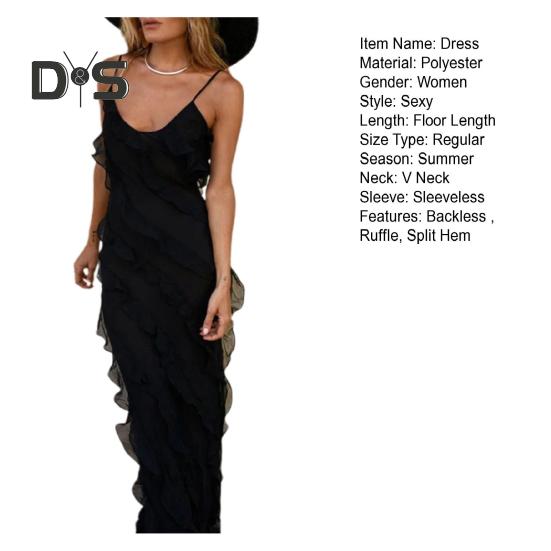 Women Evening Dress Low-cut V Neck Backless Sleeveless Spaghett Strap Split Hem Patchwork Slim Fit Floor Length Solid Color Cocktail Prom Party Maxi