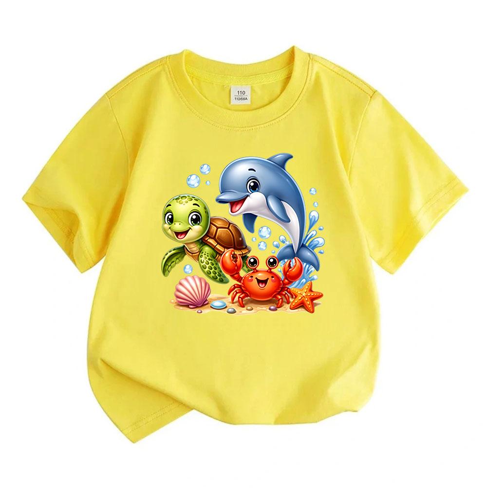Kids Boys Girls 100% Cotton Crew Neck Short Sleeve T-Shirt, Cute Sea Animal Cartoon Turtle Dolphin Crab Print Casual Summer Tees for Children