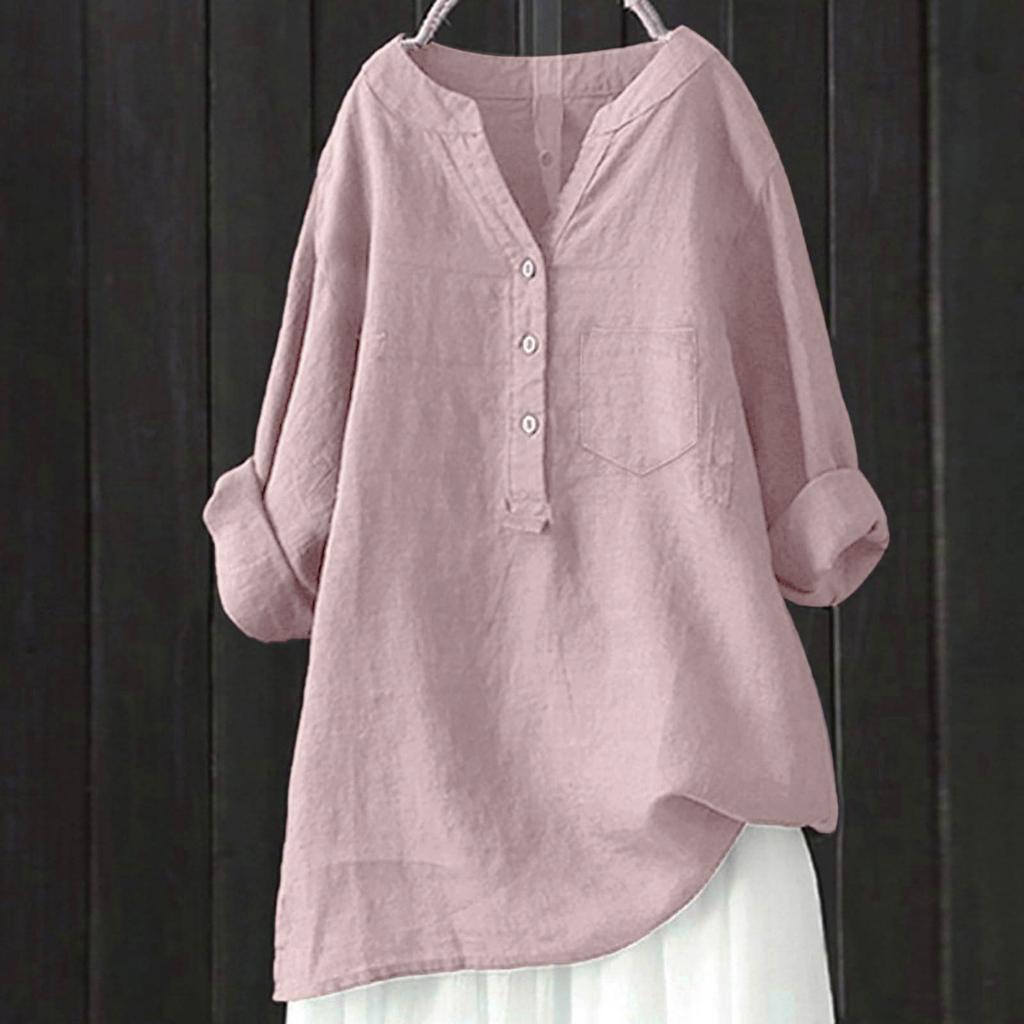 Women's Fashion Loose Color Standing Collar Button Long Sleeve Sleeve Cotton Top