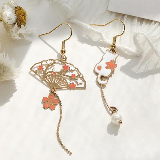 1 Pair Women Earrings Fan Crane Asymmetry Jewelry Animal Pendant Faux Pearl Painted Hook Earrings for Dating