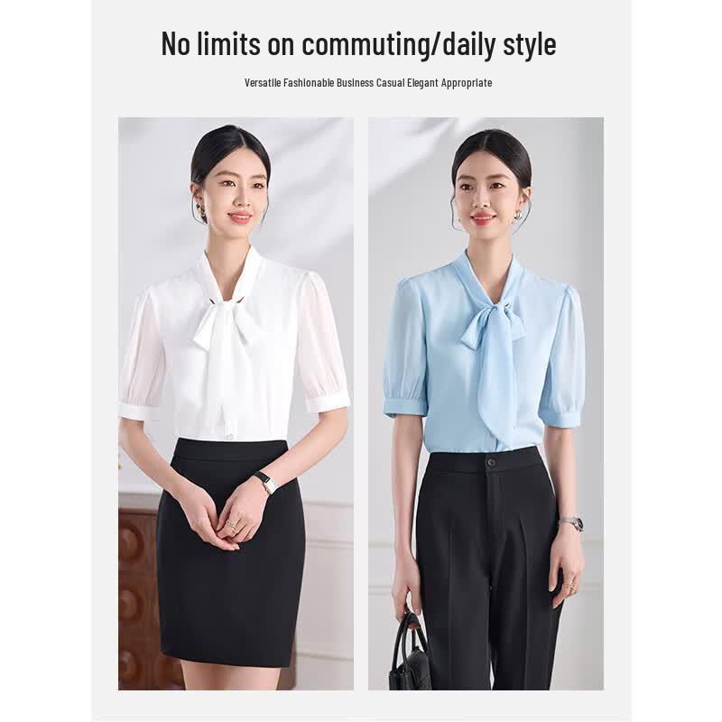 Women's Summer V-neck Bow-knot Short Sleeve Chiffon Blouse