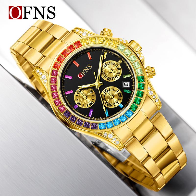 Quartz Luxury Mens Round Imitation Color Diamond Watches Movement Waterproof Men Wristwatches Week Display Male Clock