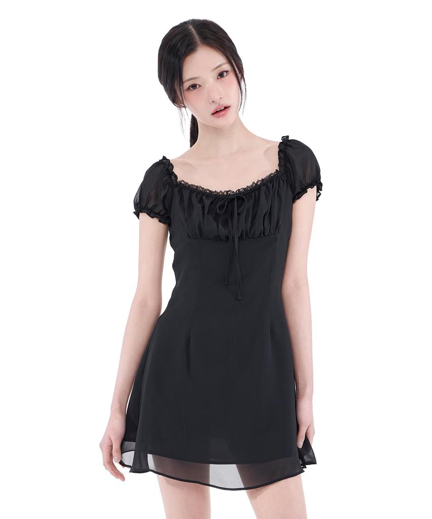 Alkialka Puff Chiffon Mini Dress (Black)