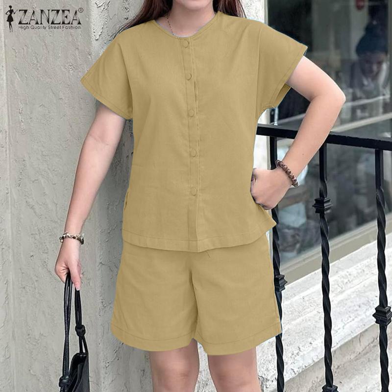 ZANZEA Women Short Sleeve Blouse and Shorts Summer Two Piece Suit Sets
