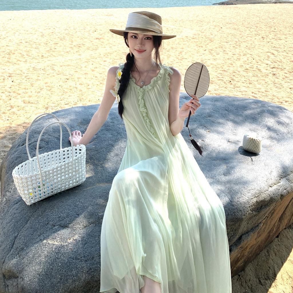 Seaside gentle temperament light green chiffon suspender dress women's summer small loose a word holiday dress
