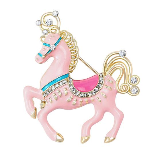 Brooch Zinc Alloy Enamel Pin Carousel Horse Pin with Rhinestones Encrusted Saddle Mane Coat Bag Hat Scarf Accessory