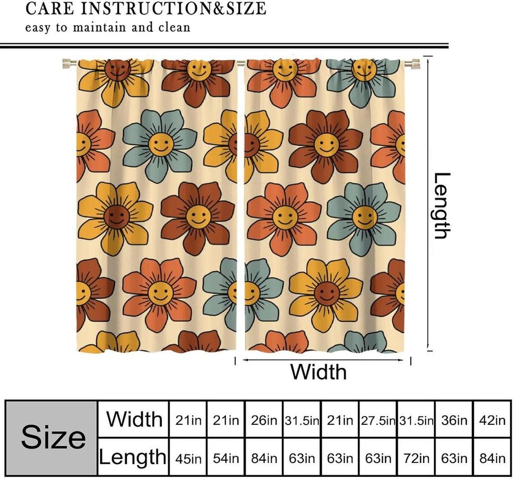 70S Flowers Curta Retro Colors Floral Groovy Vintage Colorful Blackout Window Drapes For Bedroom Living Room Kitchen Cafe