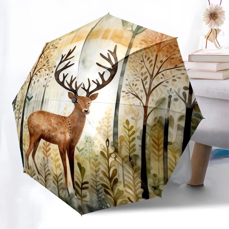 1pc Deer Forest Automatic Folding Umbrella, Heavy Duty 8 Rib Iron Frame,  Suitable for Travel, Daily Use, Birthday, Decor Gift  15