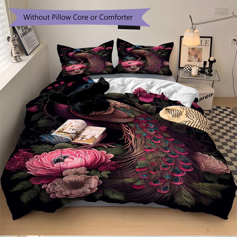 3PCs Peacock Floral Pattern Design Cover Set, Breathable Fabric(1 Duvet Cover + 2 Pillowcases) (Without Quilt) yy250911191