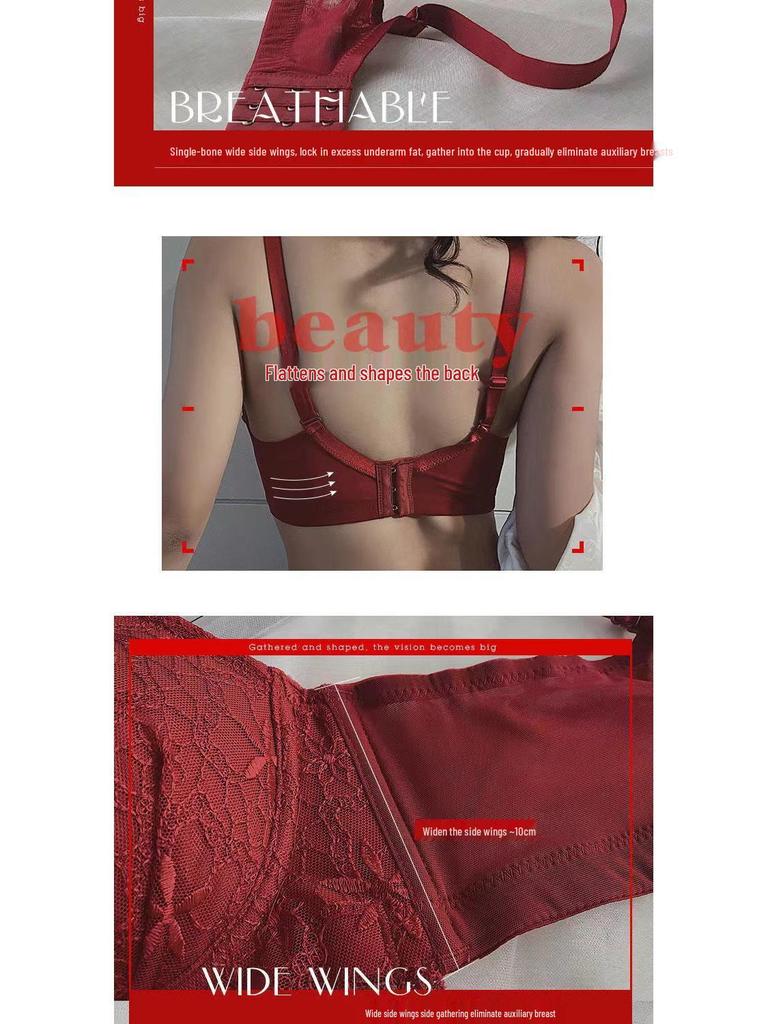 Women's Red Lace Bralette - French Style Gathered Design, Wireless, Anti-Sag