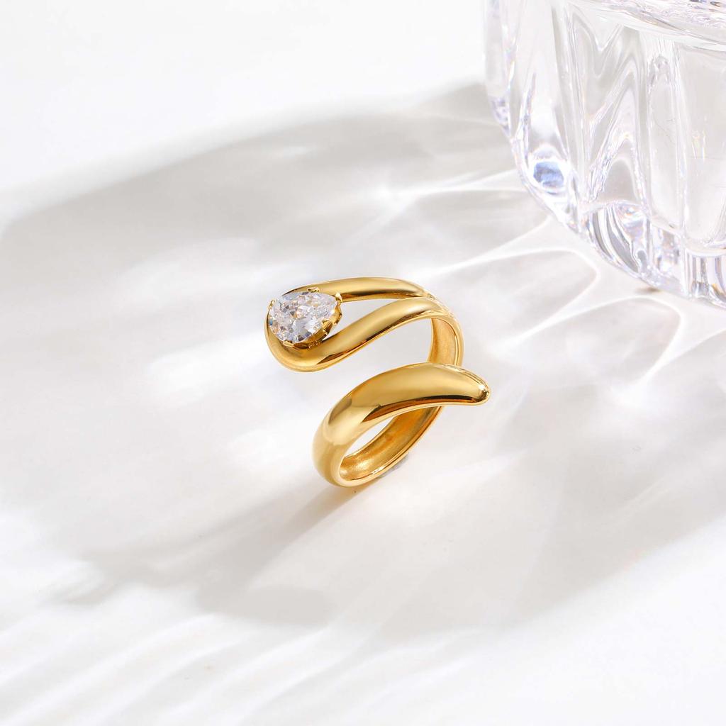 Cubic Zircon Irregular Hollow Opening Ring for Women, Geometric Twist Lines Stainless Steel Ring, Fashion Waterproof Jewelry