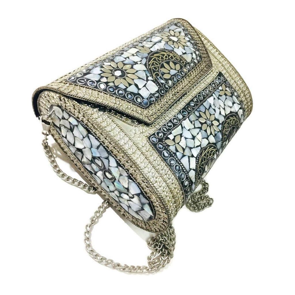 Antike indische Kunst Handgefertigte Steinmosaik Metalltasche Damen/Mädchen Braut Metallclutch Party Umhängetasche