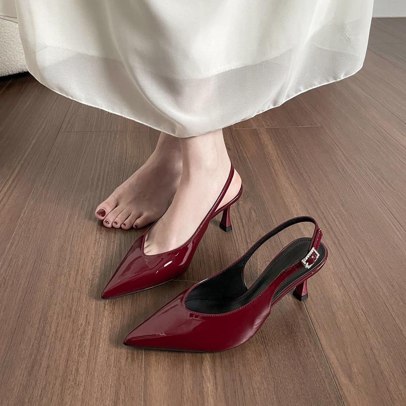 Sheepskin sandals women's summer wear new kitten heel bag head thin heel pointed rear empty high heel nude single shoes