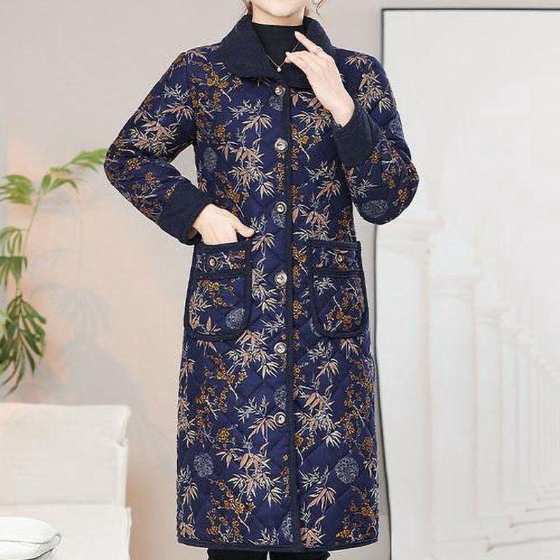 Women Winter Design Floral Warm Jacket Middle-Aged and Elderly Mothers Thick Medium Length Fleece Jacket