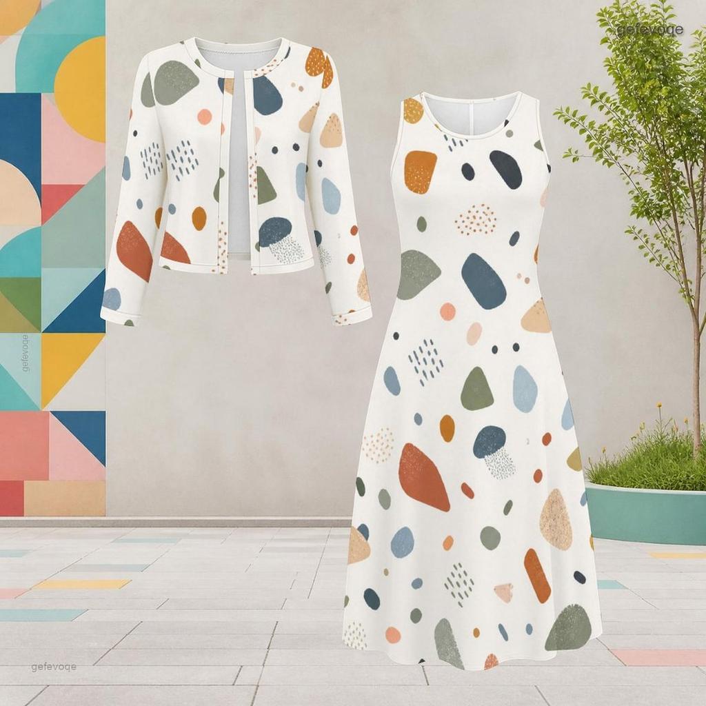 Women Plus Size Printed Round Neck Long Sleeve Cropped Cardigan Sleeveless Dress Two Piece Set