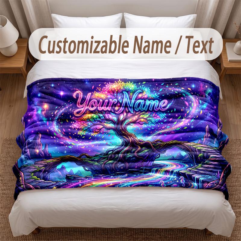 Tree of Life Theme Soft Blanket Personalized Custom Name Text Print Warm Blanket Home Sofa Bedroom Decor