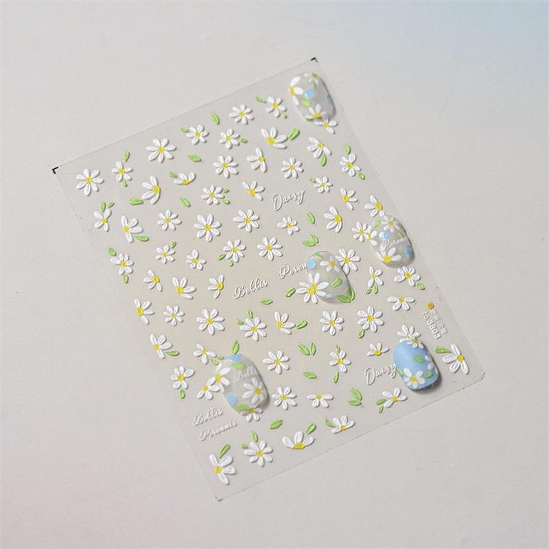 1Sheet 5D Soft Embossed Relief Nail Stickers Cute Daisies Self Adhesive Slider Stickers Press On Nails DIY Nail Art Dec
