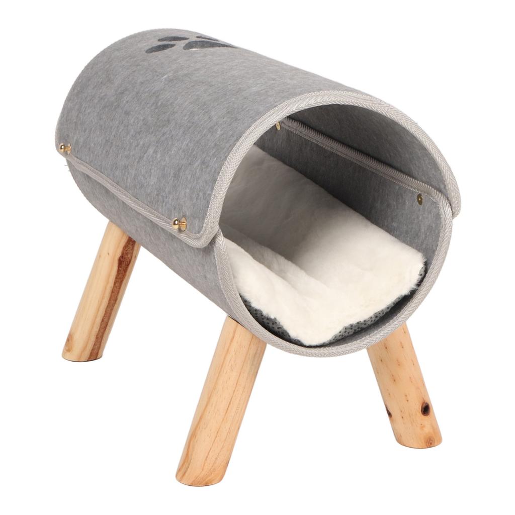 Cat Tunnel Bed Elevated Wooden Legs Cat Tunnel Soft Felt Plush Pad Inside Pet Tunnel Bed for Indoor