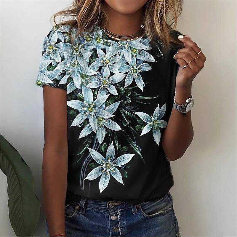Women's T-Shirt with 3D Flower Print - Summer Short Sleeve