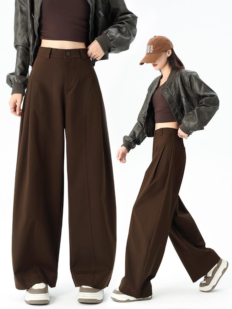 Saidi Khaki Curved Leg Wide High Waist Korean-Style Autumn Suit Pants