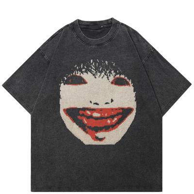 2026 Unisex Washed Black T-Shirt Streetwear QUARTER 24 Face Graphic A37T037