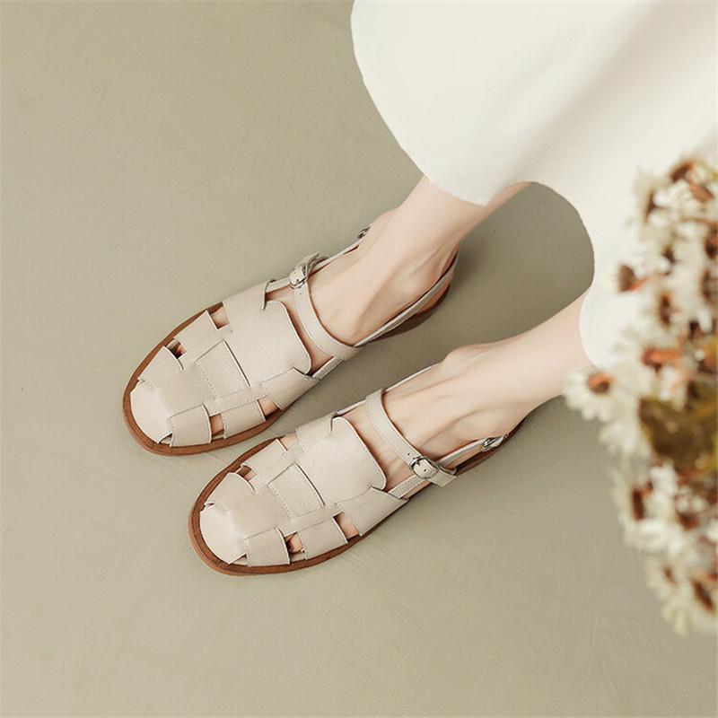 Fashion 2025 Summer Sandals Cowhide Round Toe Women Sandals Chunky Heel Women Shoes Cover Toe Shoes for Women Hollow Out Roman Shoes
