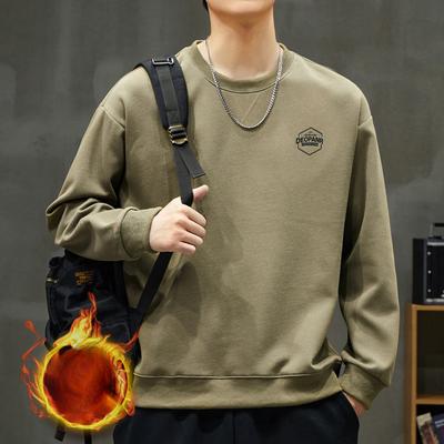 Crew Neck Sweater Men'S Velvet Winter Thickened Thermal Pullover American Simple Light Ripe Trendy Top