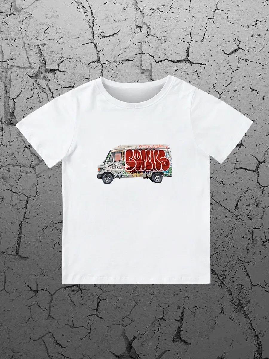 Round Neck Printed Pattern Pullover Short Sleeve Kids Tops Bus 100