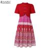 ZANZEA Women Summer Stand Collar Casual Short Sleeve Print Dress