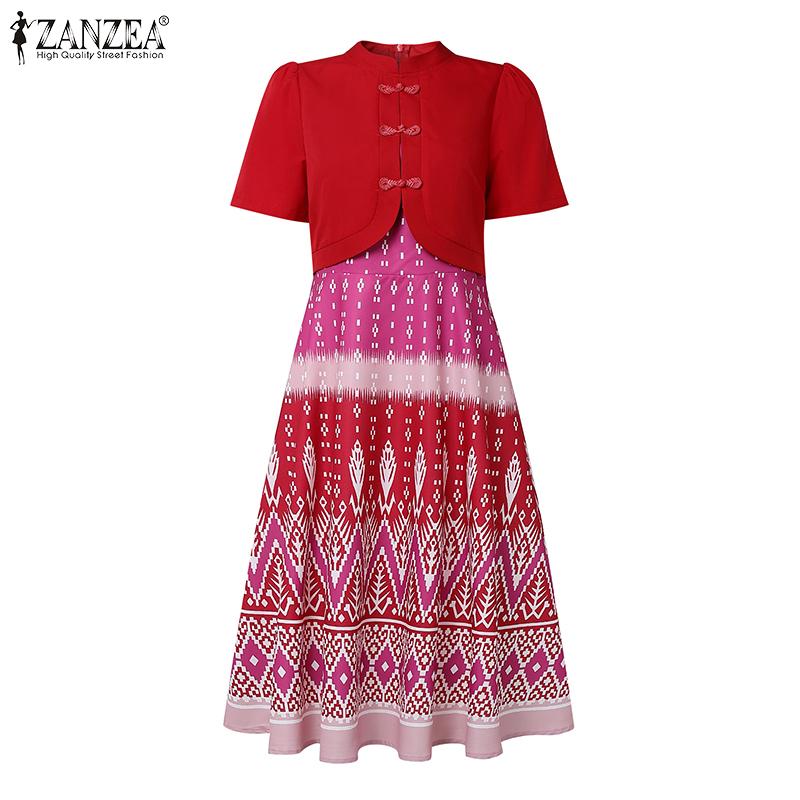 ZANZEA Women Summer Stand Collar Casual Short Sleeve Print Dress
