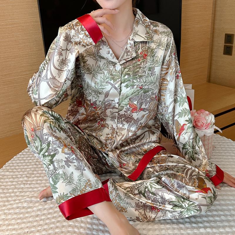 New Ice Silk Pajamas Women'S Summer Thin Long-Sleeved Trousers Mori Jungle Flower Loungewear Women'S Suit Real Shot