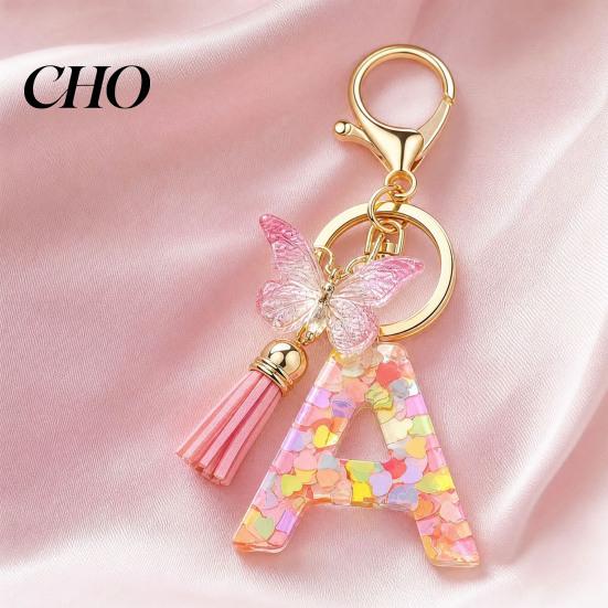 Pocket Keychain Pink Series Pendant, Sequins Heart Initial Letter Charm Key Chain with Backpack Butterfly Tassel Design, A-Z Holder for Bag