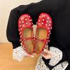 New French Pearl Round Toe One Strap Mary Jane Shoes Women's Bow Flat Ballet Single Shoes