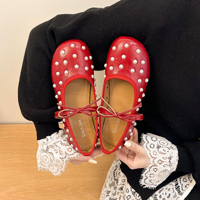 New French Pearl Round Toe One Strap Mary Jane Shoes Women's Bow Flat Ballet Single Shoes