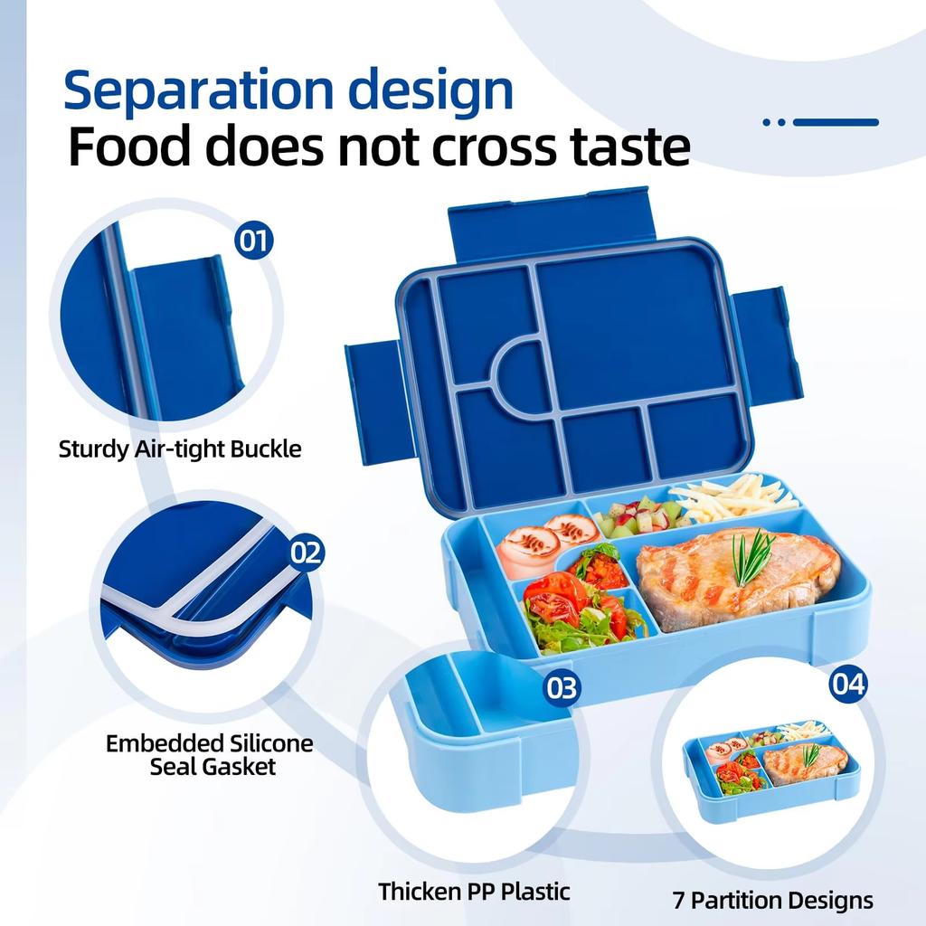 Bento Lunch Box 1330ML Leakproof Bento Box for Kids Adults Food Container with 7 Compartments and Cutlery Set Snack Box for Kids